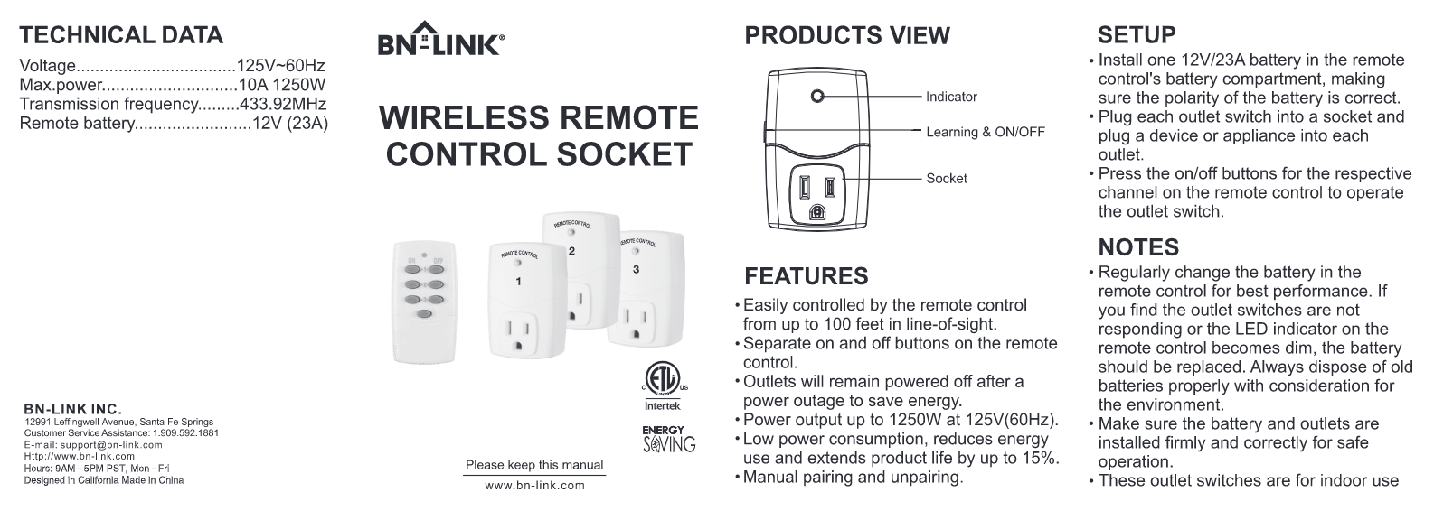 BN-LINK Wireless Remote Control Outlet (1 Remotes + 3 Outlets) Value Pack 