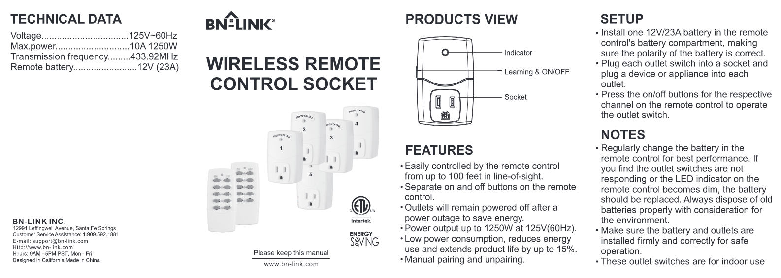 BN-LINK U57R Outdoor Wireless Remote Control Outlet Instruction Manual