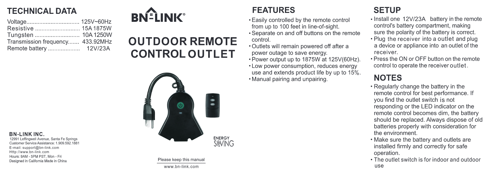 BN-LINK BNC-60/U131R Indoor/Outdoor 3-Prong Outlet with Wireless Remote  Control Kit - Black for sale online