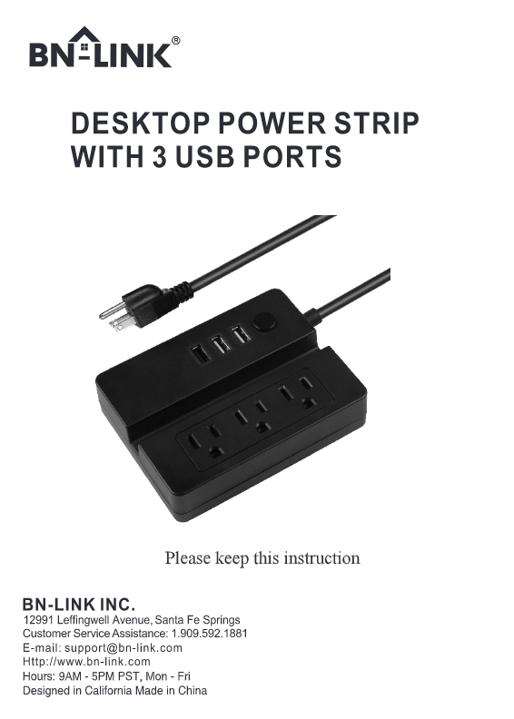 Power Strip with 3 Outlet & 3 USB - 6 FT Cord with Low Profile Flat Pl - BN- LINK