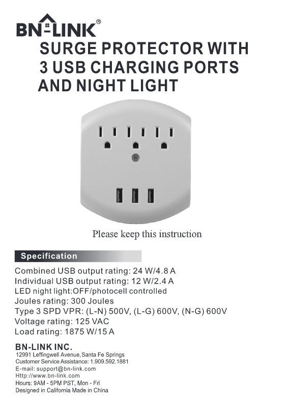 BN-LINK Multi Plug Outlet, USB Wall Charger with 6 Outlets, 3 USB Charging Ports(Total 3.4A) and Auto Sensor LED Night Light, Wall Plug Adapter for