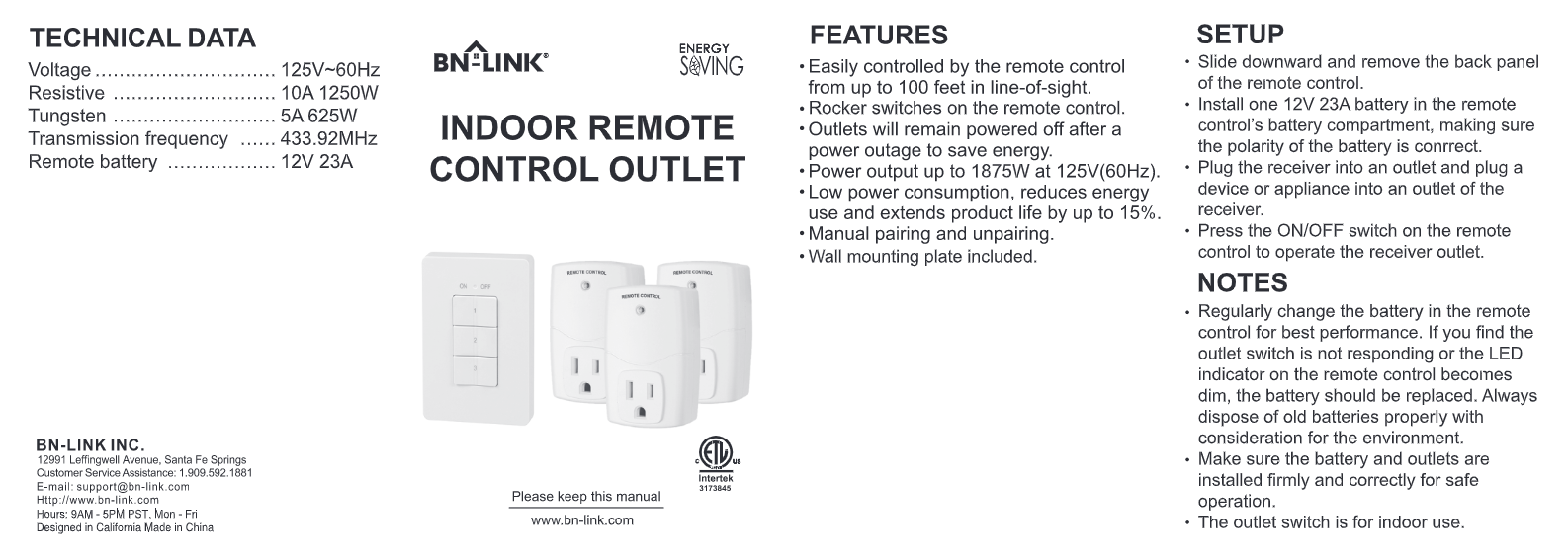 BN-LINK Wireless Remote Control Electrical Outlet Switch, White (Fixed  Code, 5Rx-2Tx) BR25 