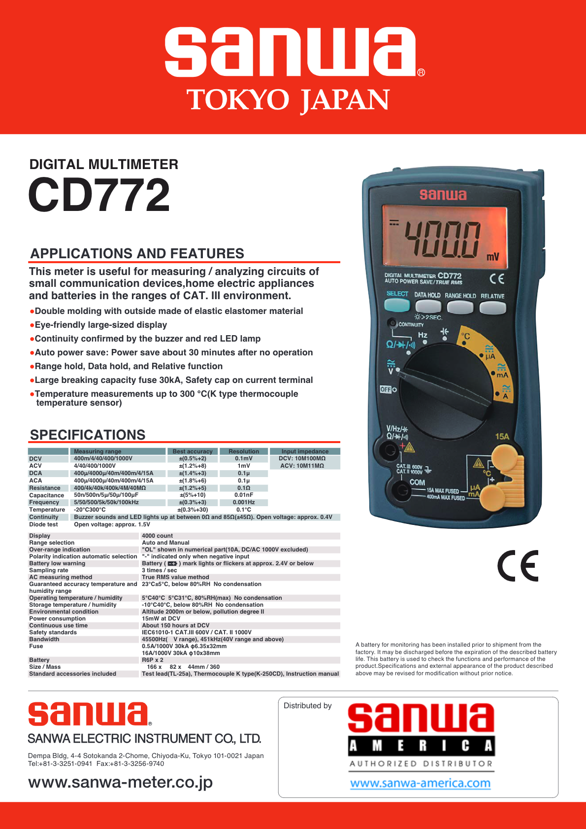 Sanwa CD772 Digital Multimeter with Backlight  Temperature Measurement 