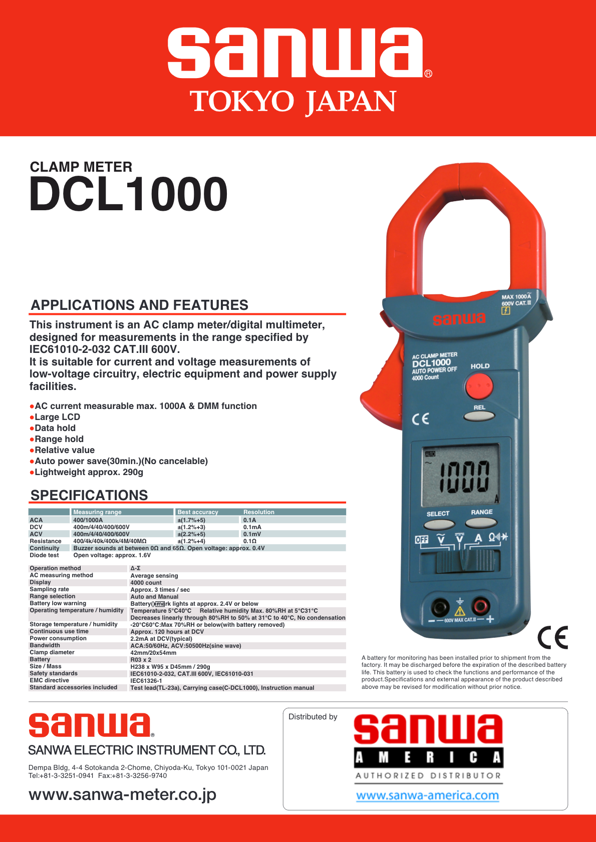 Pince multimètre numérique - DCL1000 - Sanwa Electric Instrument - portable  / 600 V / 1000 A