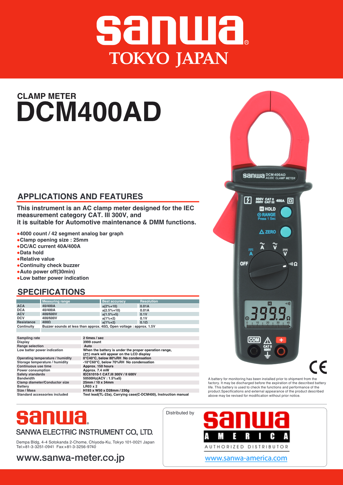 Pince multimètre numérique - DCM400 - Sanwa Electric Instrument