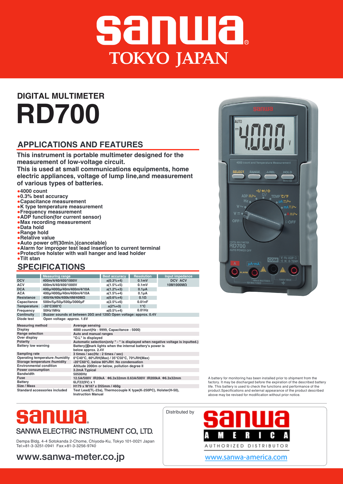 Sanwa RD700 Digital Multimeter High Input Impedance